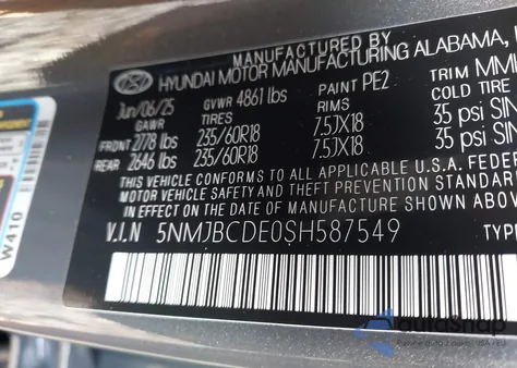 2025 Hyundai Tucson Sel z USA, uszkodzony, nr VIN 5NMJBCDE0SH587549